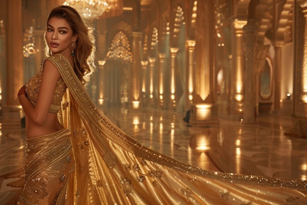Gigi Hadid, une apparition remarquée et éblouissante en sari doré
